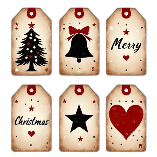 collection, six, christmas-themed, gift, tags, vintage, design, each transparent PNG cut-out