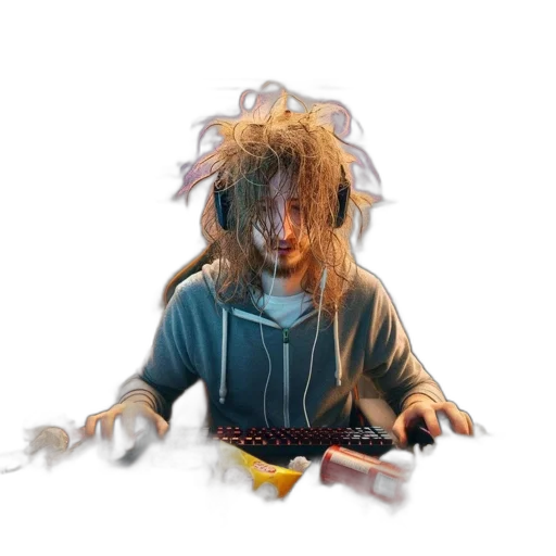 creature, hair, staff, mask, concept art, 3d render, fantasy art, vaporwave transparent PNG cut-out