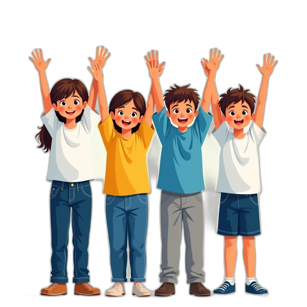 3d render, cartoon, pixel art, photorealistic, group, four, children, standing transparent PNG cut-out