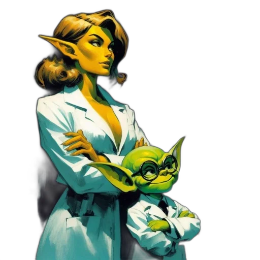 comic book art, concept art, pixel art, fantasy art, green, woman, elf-like, ears transparent PNG cut-out