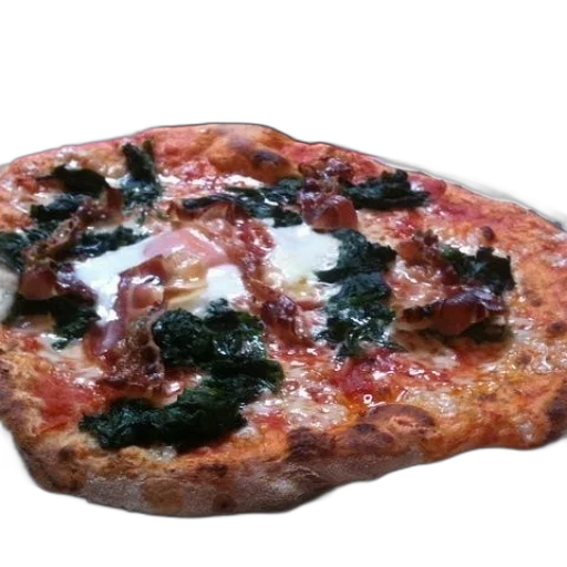 food, 3d render, photorealistic, pizza, spinach, ham, white, plate transparent PNG cut-out