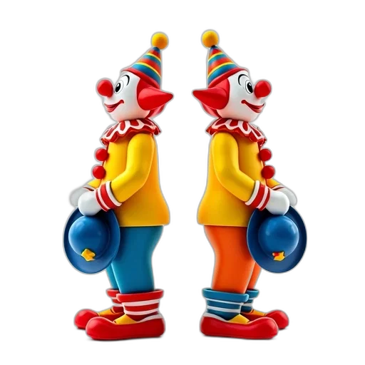 shoes, crown, 3d render, concept art, two, identical, clown, figures transparent PNG cut-out