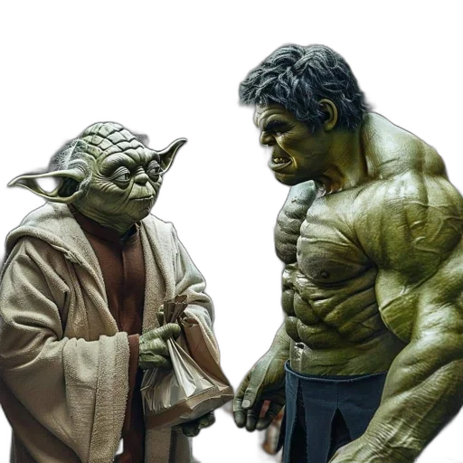 comic book art, concept art, photorealistic, fantasy art, yoda, hulk, stand, grocery transparent PNG cut-out