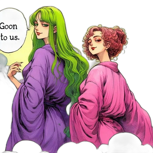 vaporwave, comic book art, concept art, anime, green, two, female, characters transparent PNG cut-out