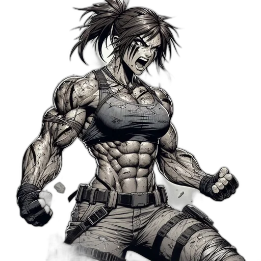 weapon, comic book art, concept art, fantasy art, cyberpunk, intense, fierce, female transparent PNG cut-out
