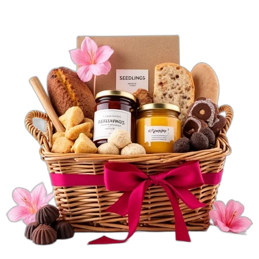 food, wicker, basket, filled, various, gourmet, items, presented transparent PNG cut-out