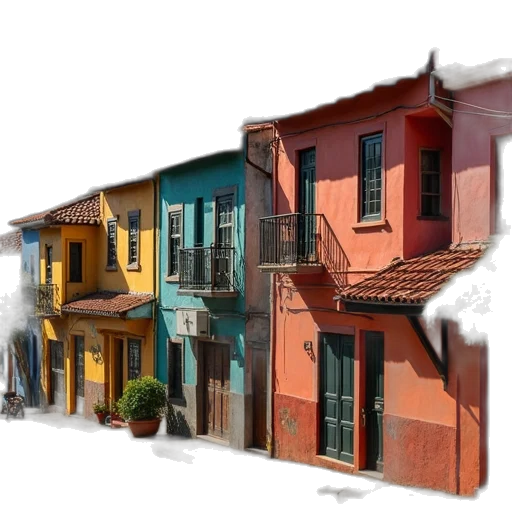 building, furniture, umbrella, 3d render, concept art, photorealistic, watercolor, city street transparent PNG cut-out