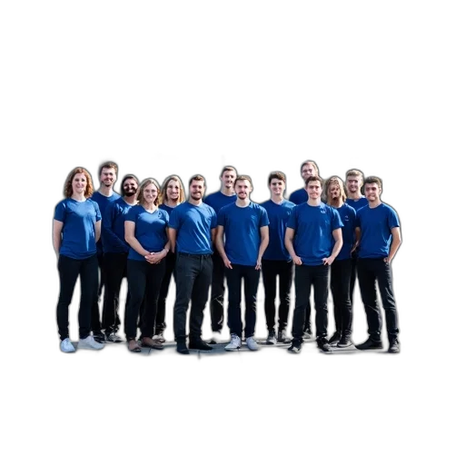 staff, group, people, wearing, blue, shirts, black, pants transparent PNG cut-out