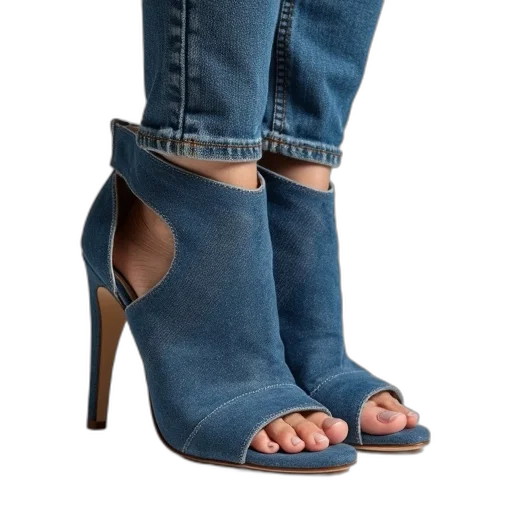 shoes, blue, high, heeled, ankle, denim, boot, hole transparent PNG cut-out