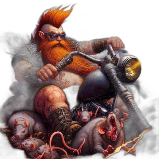 weapon, concept art, fantasy art, comic book art, cyberpunk, muscular, dwarf, orange transparent PNG cut-out