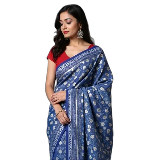 dress, blue, woman, wearing, white, traditional, indian, saree transparent PNG cut-out