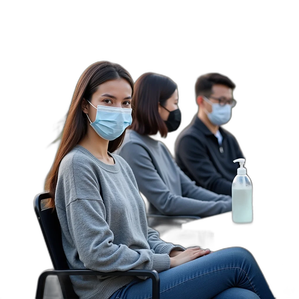 mask, face, jacket, group, people, sitting, chairs, outside transparent PNG cut-out