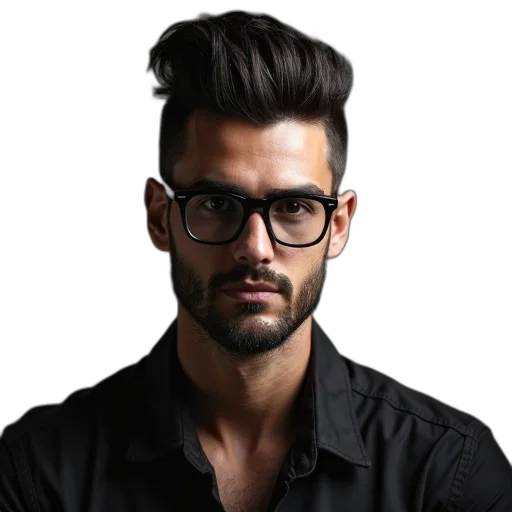 hair, face, jacket, staff, photorealistic, cartoon, dark, man transparent PNG cut-out