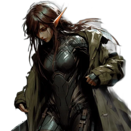 jacket, concept art, comic book art, cyberpunk, fantasy art, dark, green, earth tones transparent PNG cut-out