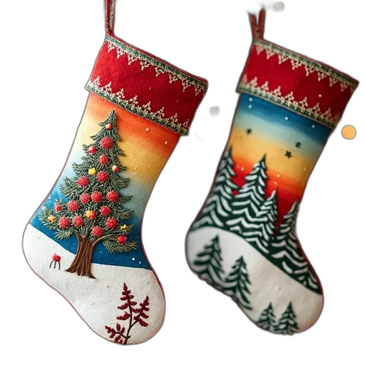 shoes, photorealistic, snow, pair, colorful, christmas, stockings, intricate transparent PNG cut-out