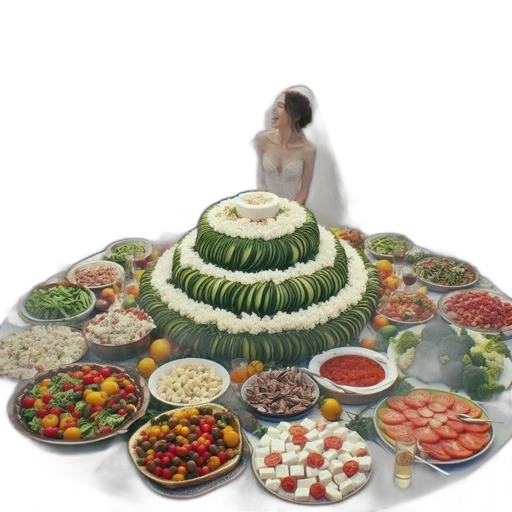 food, jewelry, dress, 3d render, photorealistic, bride, groom, sit transparent PNG cut-out