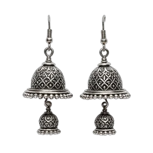 jewelry, pair, silver, earrings, intricate, designs, featuring, bell-shaped transparent PNG cut-out