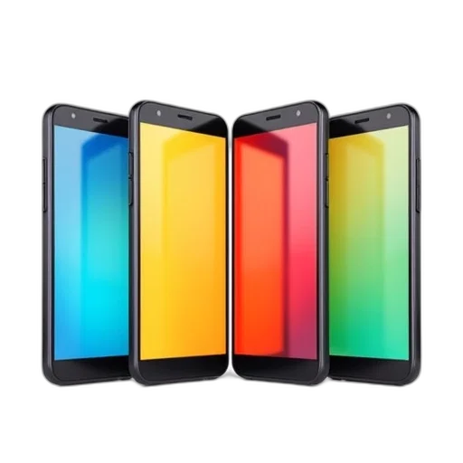 collection, five, smartphones, colorful, screens, displayed, against, white transparent PNG cut-out