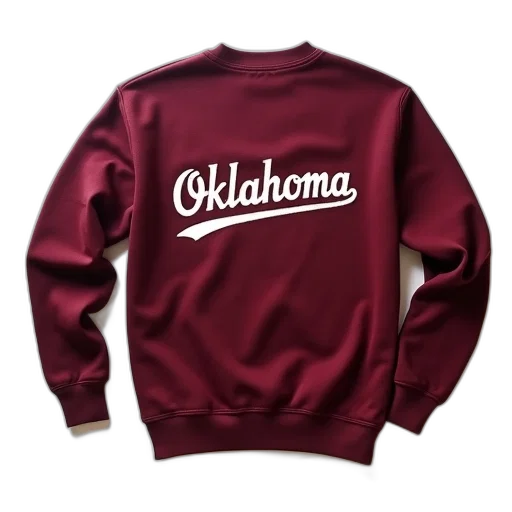 jacket, maroon, sweatshirt, word, oklahoma, embroidered, cursive, back transparent PNG cut-out