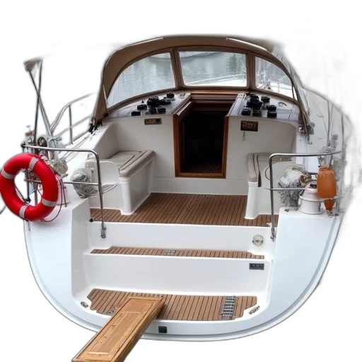 3d render, white, yacht, red, lifebuoy, attached, side, docked transparent PNG cut-out