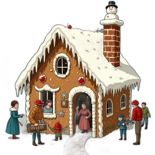 concept art, 3d render, snow, city street, detailed, illustration, gingerbread, house transparent PNG cut-out