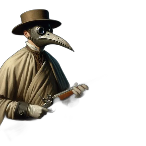 mask, staff, jacket, hat, concept art, fantasy art, 3d render, photorealistic transparent PNG cut-out