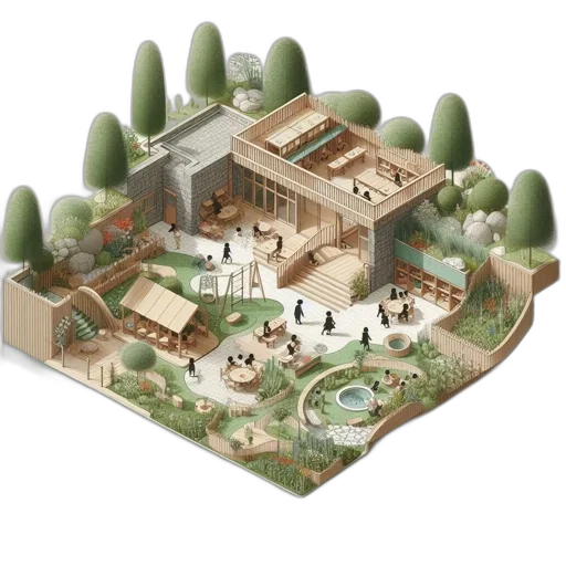 3d render, concept art, photorealistic, fantasy art, earth tones, idyllic, campus, layout transparent PNG cut-out