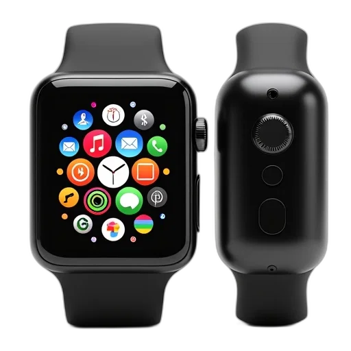 black, smartwatch, square, face, displaying, colorful, app, icons transparent PNG cut-out