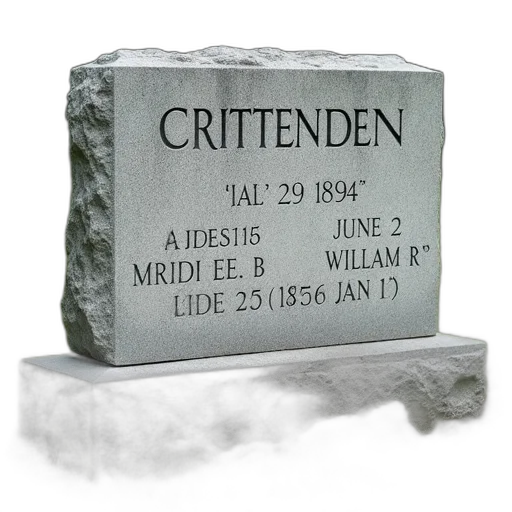 3d render, photorealistic, weathered, stone, headstone, name, crittenden, engraved transparent PNG cut-out
