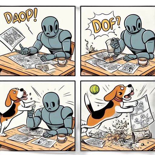 robot, comic book art, concept art, fire, 4-panel, comic, strip, robotic transparent PNG cut-out