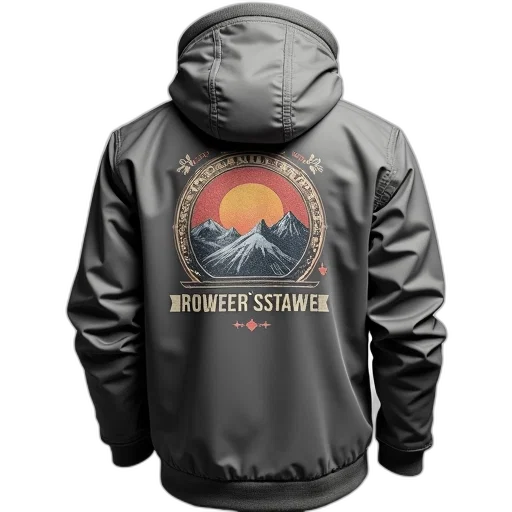 jacket, grey, winter, hood, featuring, vintage-style, graphic, back transparent PNG cut-out