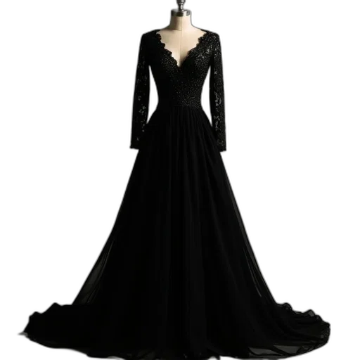 dress, dark, monochrome, black, long, sleeve, prom transparent PNG cut-out