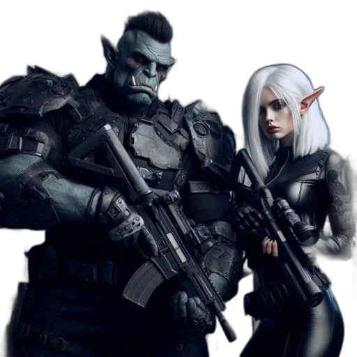 concept art, fantasy art, cyberpunk, comic book art, outer space, two, armed, characters transparent PNG cut-out