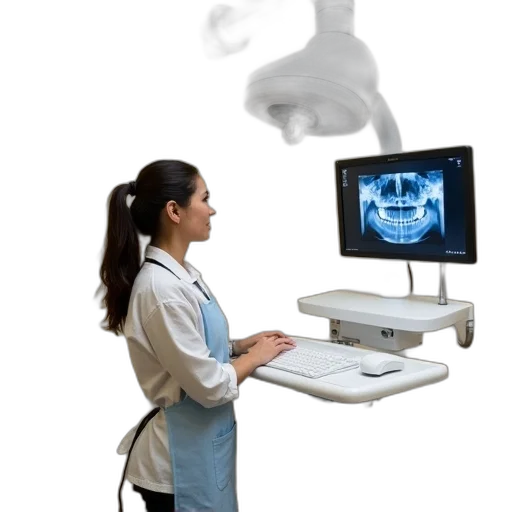 robot, staff, woman, standing, front, dental, x-ray, machine transparent PNG cut-out