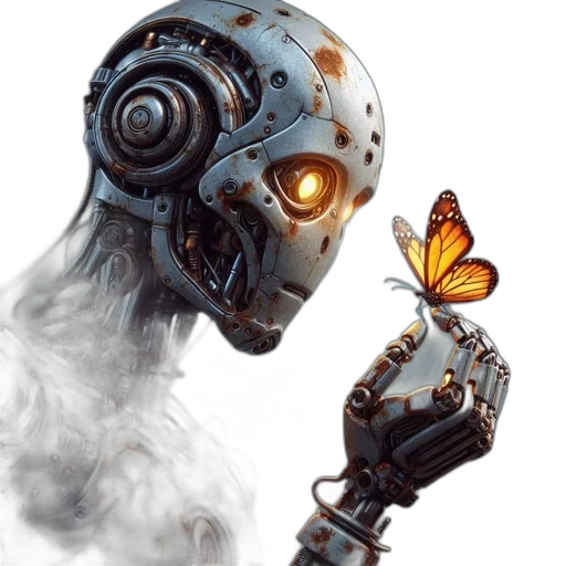 robot, creature, concept art, cyberpunk, fantasy art, 3d render, worn, mechanical transparent PNG cut-out