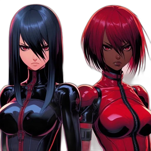 comic book art, concept art, anime, cyberpunk, red, dark, two, female transparent PNG cut-out