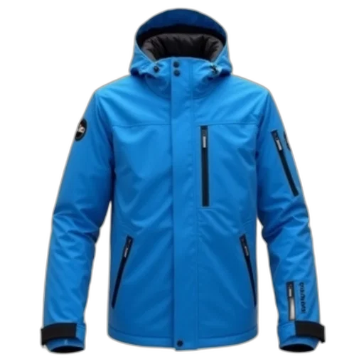jacket, blue, winter, black, hood, circular, logo, left transparent PNG cut-out
