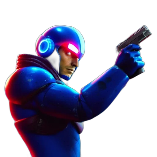 weapon, robot, concept art, 3d render, pixel art, comic book art, blue, neon-bathed transparent PNG cut-out