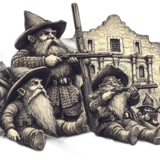 concept art, fantasy art, city street, fog, snow, three, dwarf, figures transparent PNG cut-out