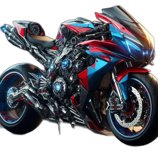 photorealistic, concept art, 3d render, comic book art, futuristic, red, blue, motorcycle transparent PNG cut-out