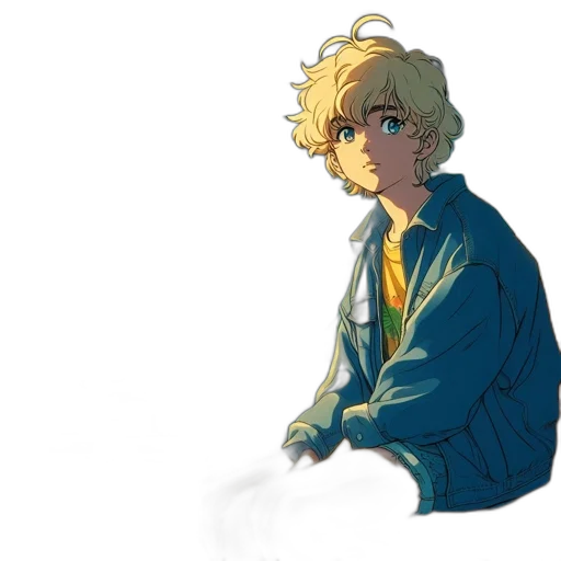 jacket, hair, staff, face, watercolor, concept art, vaporwave, pixel art transparent PNG cut-out