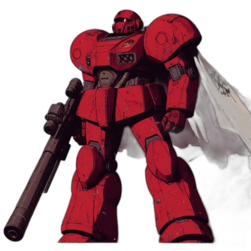 robot, weapon, concept art, pixel art, 3d render, fantasy art, red, war-torn transparent PNG cut-out