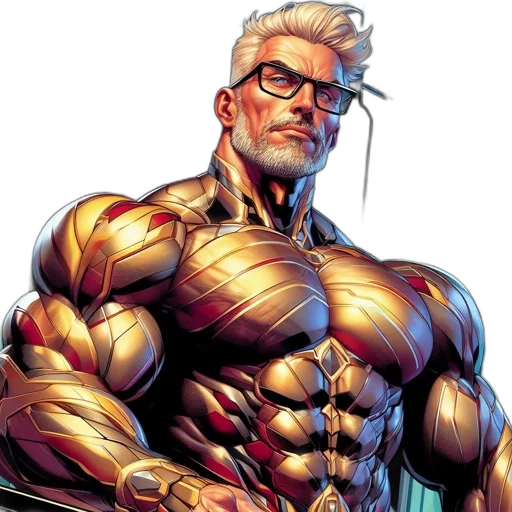 comic book art, concept art, ruggedly, handsome, man, donning, golden, metallic transparent PNG cut-out