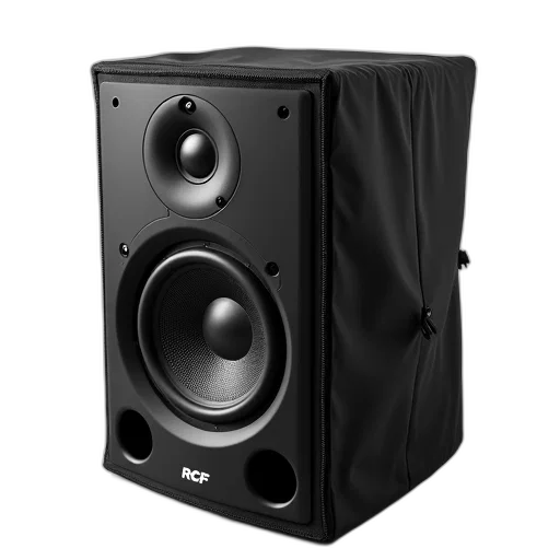 black, speaker, circular, grille, brand, name, rcf, front transparent PNG cut-out