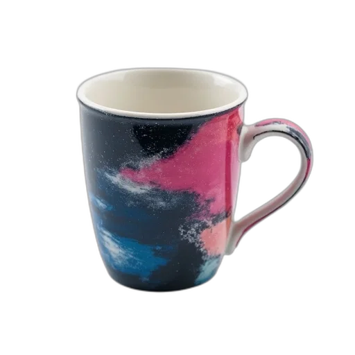 photorealistic, vaporwave, outer space, white, ceramic, coffee, mug, colorful transparent PNG cut-out