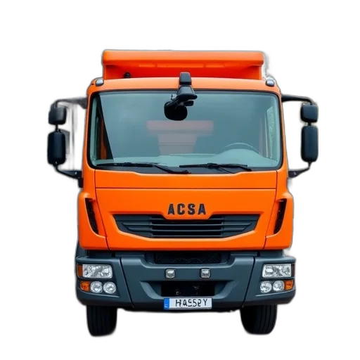 bright, orange, construction, truck, parked, front, building, grey transparent PNG cut-out