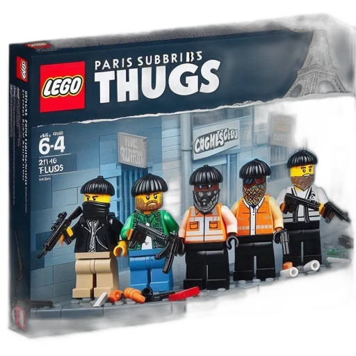 concept art, humorous, lego, box, paris, subbris, thugs, featuring transparent PNG cut-out