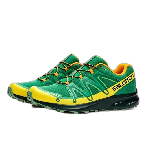 shoes, pair, green, yellow, running, brand, name, salomon transparent PNG cut-out