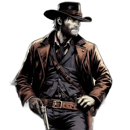 jacket, hat, comic book art, concept art, cartoon, photorealistic, cowboy, revolver transparent PNG cut-out