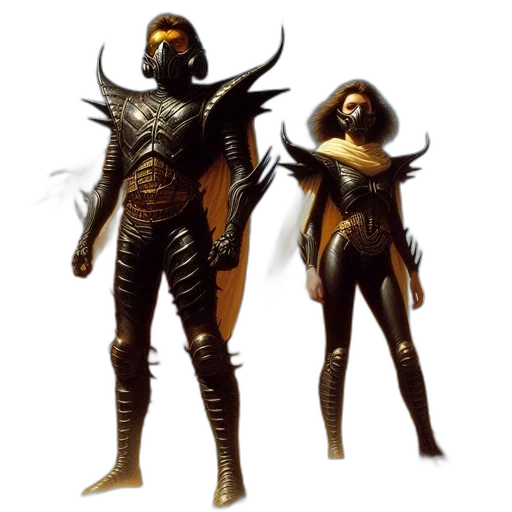 concept art, fantasy art, comic book art, 3d render, outer space, golden, two, armored transparent PNG cut-out